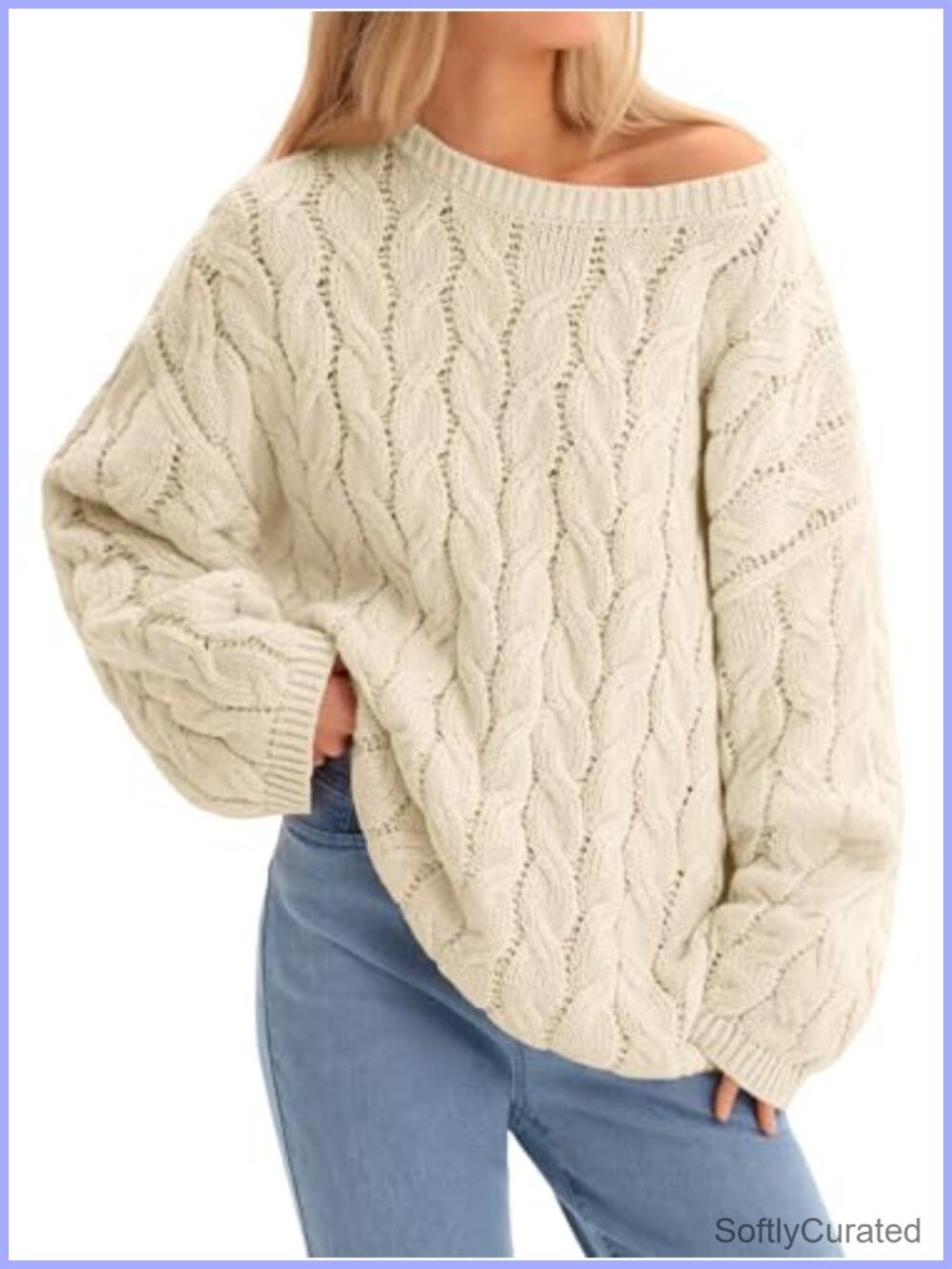 Oversized Cable Knit Sweater Long Sleeve Crewneck Chunky Pullover